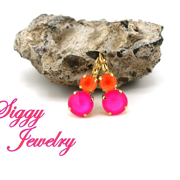Neon Blaze 12mm Hot Pink and 8mm Orange Double Drop Lever Back Earrings - Picture 4 of 7